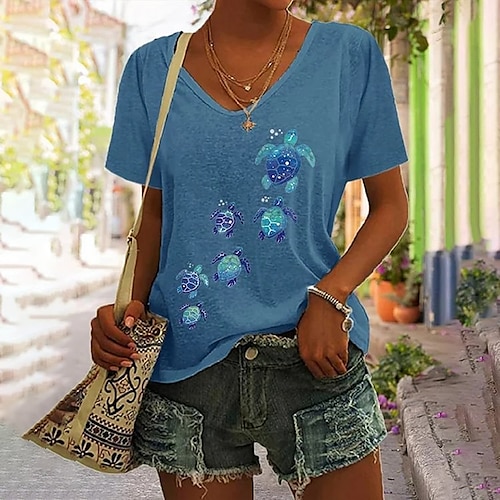 

Damen T Shirt Schwarz Weiß Blau Ozean Bedruckt Kurzarm Festtage Wochenende Basic V Ausschnitt Standard Blume Farbe S