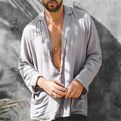 

Per uomo camicia di lino Camicia estiva Camicia da spiaggia Beige Grigio Manica lunga Liscio Collo ripiegabile Primavera & Autunno Informale Giornaliero Abbigliamento Bottone giù