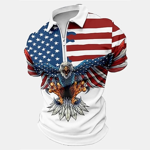 

Men's Polo Shirt Zip Polo Golf Shirt Graphic Prints Eagle American Flag Turndown White Red Blue Brown Dark Blue Outdoor Street Short Sleeves Zipper Print Clothing Apparel Fashion Designer Casual