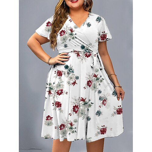 

Per donna Plus Size Abito casual Abito linea A Floreale Vestito longuette Manica corta Lacci Stampa A V Di tendenza Esterno Bianco Rosa Estate Primavera L XL XXL 3XL 4XL