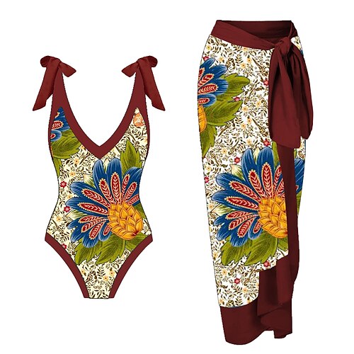 

Damen Badeanzug Ein Stück Strand unten Normal Bademode 2 Teile Print Blumen Wein Blau Bodysuit Badeanzüge Sport Strandbekleidung Sommer