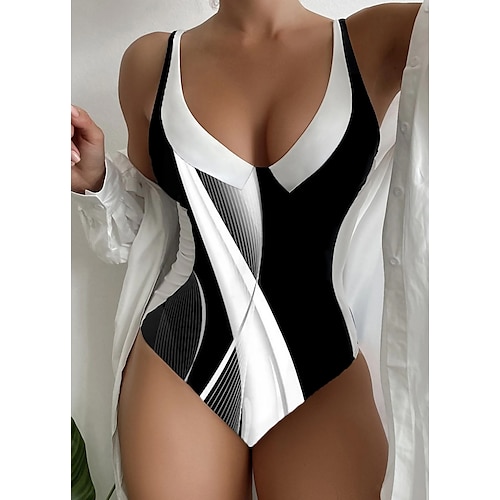 

Women's Swimwear One Piece Normal Swimsuit Printing Geometic Black Bodysuit Bathing Suits Sports Beach Wear Summer
