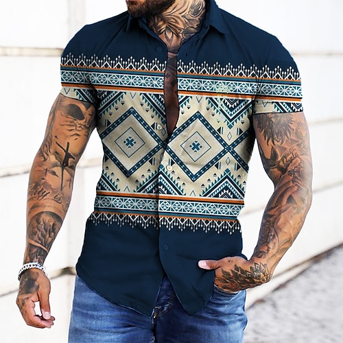 

Homme Chemise Tribal Imprimés Photos Rétro Vintage Géométrie Col rabattu Vin bleu marine Marron Vert Gris Plein Air Casual Manches courtes Bouton bas Imprimer Vêtement Tenue Mode Vêtement de rue