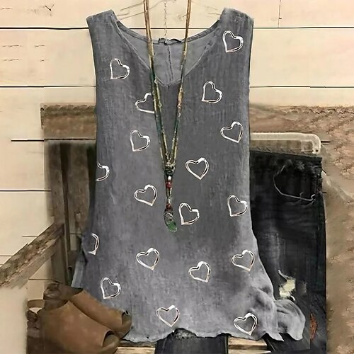 

Damen Tank Top Rote Blau Purpur Herz Bedruckt Ärmellos Casual Basic V Ausschnitt Standard Blume Boho S