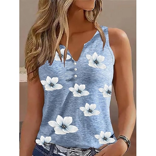 

Women's Tank Top Red Blue Green Floral Button Print Short Sleeve Casual Holiday Basic V Neck Regular Floral S