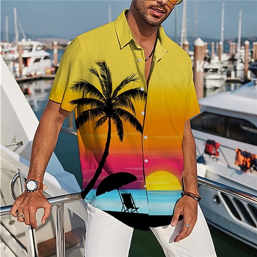 

Homme Chemise Chemise hawaïenne Cocotier Imprimés Photos Col rabattu Jaune Bleu Violet Orange Plein Air Casual Manches courtes Bouton bas Imprimer Vêtement Tenue Rétro Vintage Mode Vêtement de rue