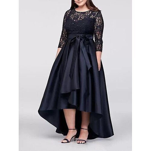 

Plus Size Curve Kjole til brudens mor Formel Fest Årgang Elegant Scoop hals Assymetrisk Satin Blondelukning 3/4-ærmer med Sløjfe(r) Plissé 2023