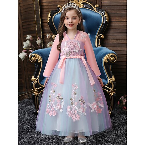 

Bambino Da ragazza Vestito Uccello Fiore decorativo Abito in tulle Maxi Vestito Prestazioni Retato A V Manica lunga Elegante Vestito 3-12 anni Estate Rosa Rosso