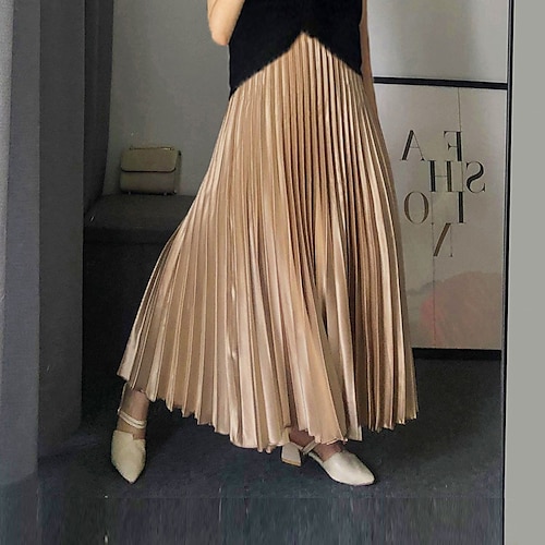 

Women's Swing Long Skirt Midi Polyester Black White Silver Champagne Skirts Spring & Summer Pleated Without Lining Fashion Elegant Casual Street Vacation M L XL