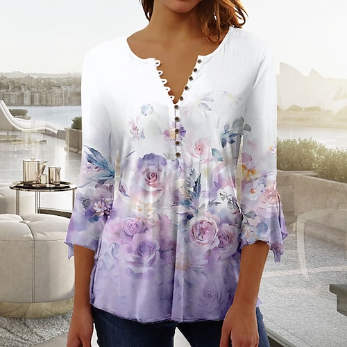 

Damen Hemd Bluse Weiß Blumen Taste Bedruckt 3/4 Ärmel Festtage Wochenende Basic Rundhalsausschnitt Standard Blume S