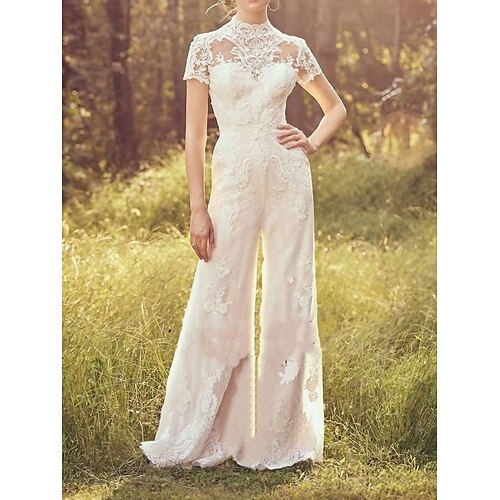 

Mujer Mono Encaje Color sólido Escote Chino Elegante Boda Fiesta Ajuste regular Manga Corta Blanco S M L Verano