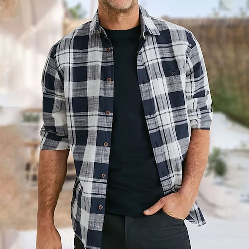 

Herre Skjorte Button Up skjorte Casual skjorte Sort Langærmet Ternet Knaphul Gade Ferierejse Trykt mønster Tøj Mode Fritid Hawaiiansk