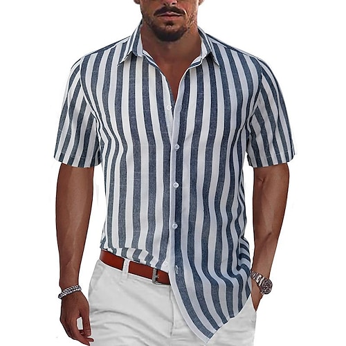 

Men's Shirt Summer Hawaiian Shirt Striped Graphic Prints Turndown Black Red Navy Blue Blue Green Street Casual Short Sleeves Button-Down Print Clothing Apparel Tropical Fashion Streetwear Hawaiian