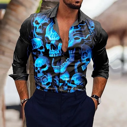 

Homens Camisa Social Caveiras Estampas Abstratas Escuro Aberto para a Lateral Azul Ao ar livre Rua Manga Longa Imprimir Roupa Moda Roupa de rua Designer Casual