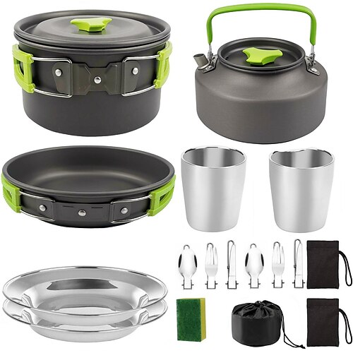 

15pcs kit di pentole da campeggio pentola antiaderente leggera padella bollitore set con tazze in acciaio inox piatti forchette coltelli cucchiai per campeggio zaino in spalla cucina all'aperto e picnic