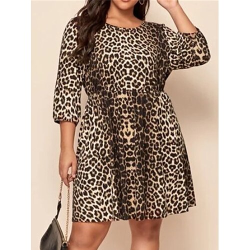 

delle donne più il formato casuale vestito dal maglione leopardo midi maglione vestito a maniche lunghe stampa girocollo moda all'aperto cachi estate primavera l xl xxl 3xl 4xl