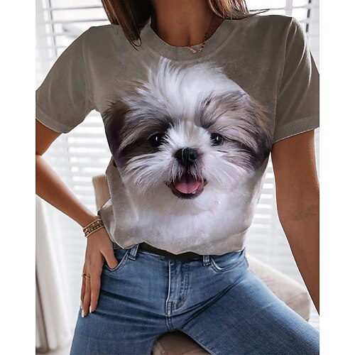 

Women's T shirt Tee Brown Dog Print Short Sleeve Daily Weekend Basic Round Neck Regular Painting S