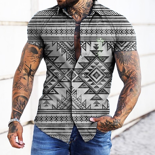 

Hombre Camisa Estampados Cosecha Geometría Cuello Vuelto Vino Azul Piscina Gris Calle Casual Mangas cortas Abotonar Estampado Ropa Moda Ropa de calle Design Suave