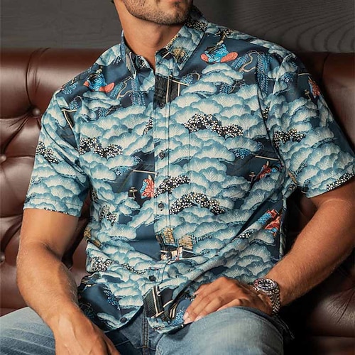 

Hombre Camisa camisa hawaiana Estampados Nubes Cuello Vuelto Amarillo Azul Piscina Exterior Calle Mangas cortas Estampado Ropa Moda Design Casual Suave