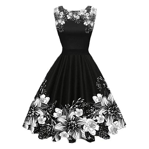 

Women's Retro 1950s Vintage Tea Dresses Midi Dress Daily Date Ruched Print Floral Crew Neck Sleeveless Slim Summer Spring 2023 Black Red S M L XL