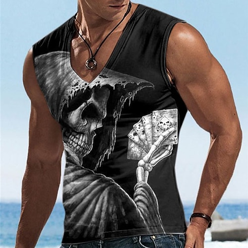 

Herre Vest Top Ærmeløs T-shirt til mænd Grafisk Poker Dødningehoveder V-hals Tøj 3D-udskrivning Sport Løb Uden ærmer 3D-udskrivning Designer Afslappet Muskel
