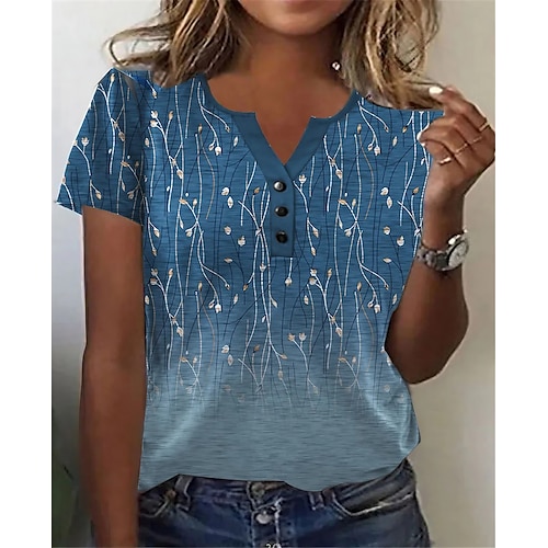 

Women's T shirt Tee Royal Blue Blue Sky Blue Flower Ocean Patchwork Print Short Sleeve Casual Daily Basic V Neck Regular S