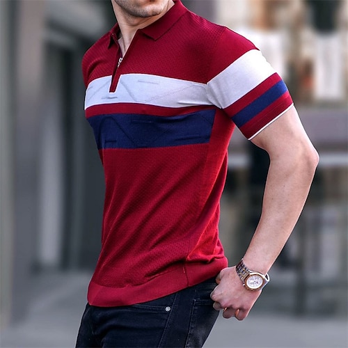 

Herre POLO T-skjorte Golf skjorte Avslappet Ferie Knaphul Quarter Zip Kortermet Mote Grunnleggende Fargeblokk Quarter Zip Sommer Normal Vin POLO T-skjorte