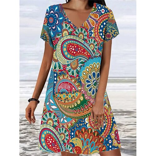 

abito maglione casual da donna abito maglione estivo stampa abito maglione grafico astratto stampa scollo a v mini abito maglione moda moderno quotidiano vacanza manica corta sottile colorato estate