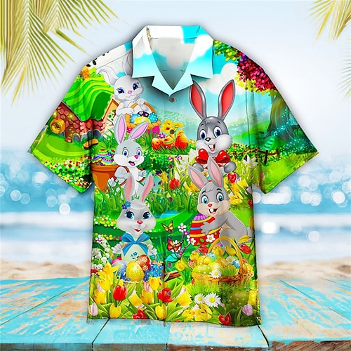 

Herre Skjorte Hawaii skjorte Kanin Grafiske trykk God påske påske cubansk krage Blå Avslappet Hawaiisk Kortermet Knapp ned Trykt mønster Klær Sport Mote Gatemote Designer