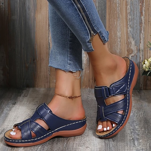 

Women's Sandals Slippers Wedge Heels Plus Size Outdoor Slippers Daily Beach Walking Solid Color Summer Flat Heel Open Toe Casual Minimalism Faux Leather Loafer Black Red Blue