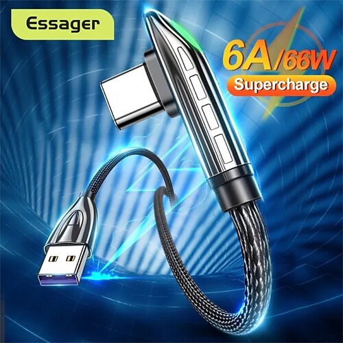 

Essager 6a 66w usb tipo c cabo para huawei p40 mate 40 pro samsung 5a carregamento rápido usb-c carregador usbc cabo de dados de 90 graus