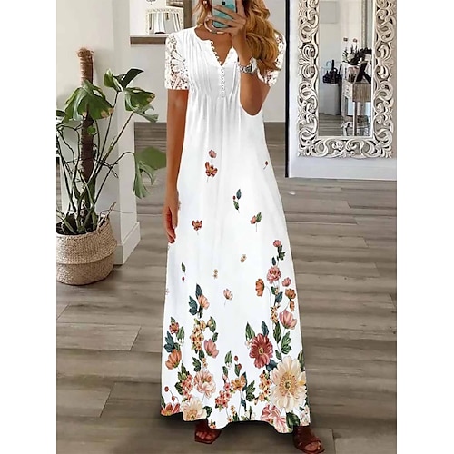 

Dame Lang kjole Maxikjole Solkjole Kjole med A-linje Print kjole Blomstret Sommerfugl Mote Romantikk Ferie Feriereise Strand Blonde Rynket Kortermet V-hals Kjole Normal Hvit Sommer Vår S M L XL XXL