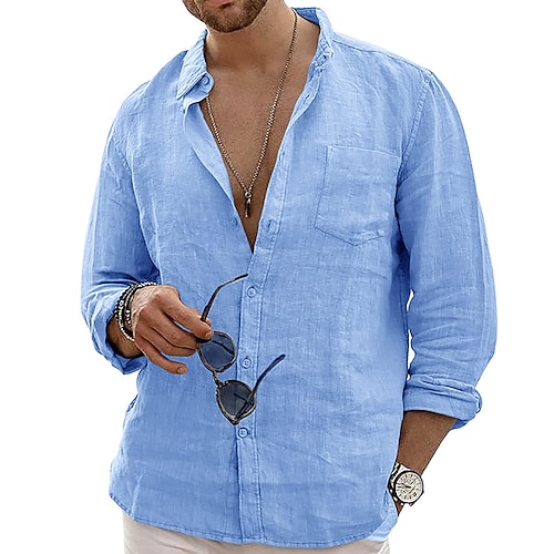 

Herre linned skjorte Button Up skjorte Sommer skjorte Casual skjorte Strandtrøje Sort Hvid Blå Langærmet Vanlig Knaphul Forår sommer Afslappet Daglig Tøj Frontlomme