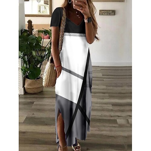 

Dame Lang kjole Maxikjole Uformell kjole Print kjole Fargeblokk Bokstaver Romantikk Moderne Daglig Feriereise Lomme Delt Kortermet V-hals Kjole Løstsittende Svart Hvit kaffe Sommer Vår S M L XL XXL