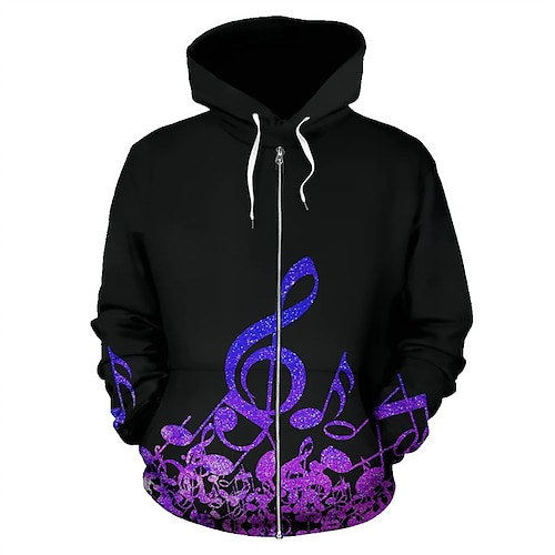 

Homens Full Zip Hoodie Jaqueta Preto Com Capuz Estampas Abstratas Notas musicais Zíper Imprimir Desportos e Ar livre Diário Esportes Impressão 3D Roupa de rua Casual Primavera Outono Roupa Moletons