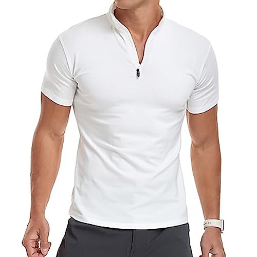 

Men's Polo Shirt Golf Shirt Casual Holiday Stand Collar Quarter Zip Short Sleeve Fashion Basic Plain Quarter Zip Summer Regular Fit Black White Dark Red Ink Blue Brown Green Polo Shirt