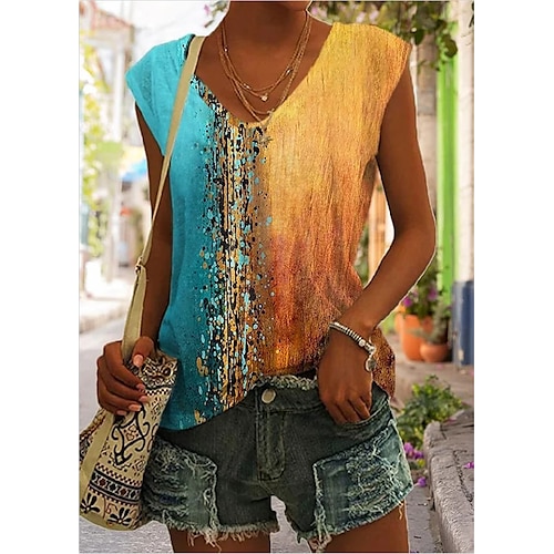 

Women's T shirt Tee Yellow Red Blue Color Block Print Sleeveless Sports Holiday Beach V Neck Regular S