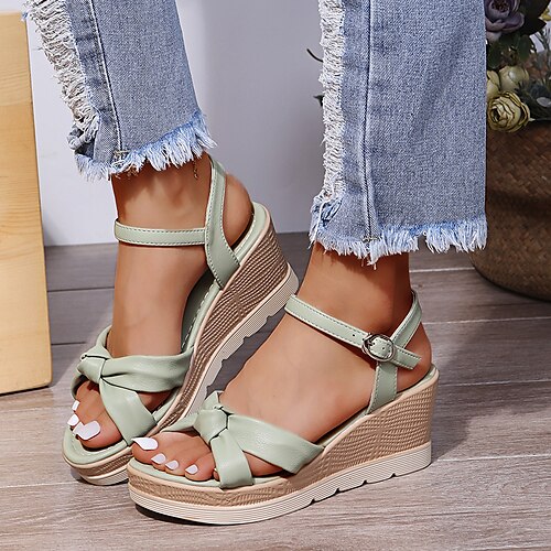 

Damen Sandalen Sandalen mit Keilabsatz Sandalen mit Knöchelriemen Outdoor Täglich Sommer Keilabsatz Offene Spitze Klassisch Brautkleider schlicht PU Leder Kunstleder Knöchelriemen Feste Farbe Grün