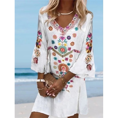 

Dame Uformell kjole Etnisk kjole Skiftkjole Blomstret Stripe Trykt mønster V-hals Utvidet erme Mini kjole Mote Etnisk utendørs Daglig 3/4 ermer Løstsittende Svart Hvit Sommer Vår S M L XL XXL
