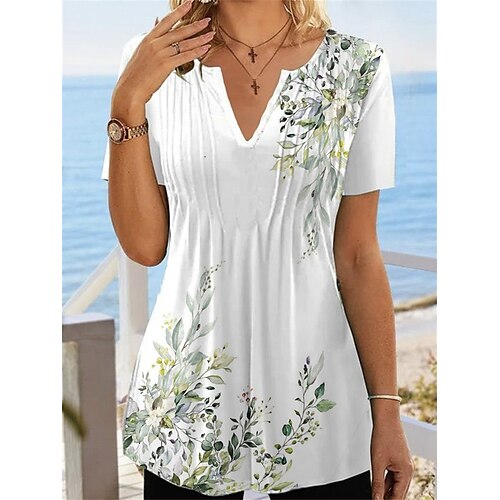 

Women's T shirt Tee White Floral Print Short Sleeve Holiday Weekend Basic V Neck Regular Floral S