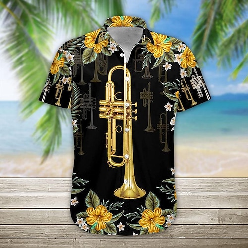 

Hombre Camisa camisa hawaiana Estampados Música Instrumento musical Cuello Vuelto Amarillo Exterior Calle Mangas cortas Abotonar Estampado Ropa Moda Ropa de calle Design Suave