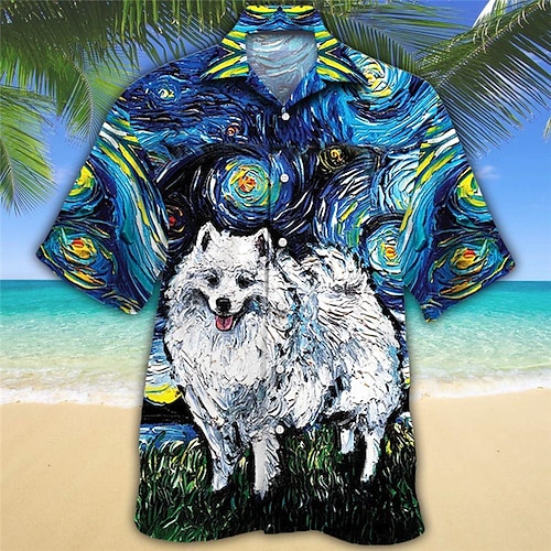 

Men's Shirt Summer Hawaiian Shirt Dog Graphic Prints Oil Painting Cuban Collar Blue Sky Blue Dark Blue Casual Hawaiian Short Sleeve Button-Down Print Clothing Apparel Sports Fashion Streetwear