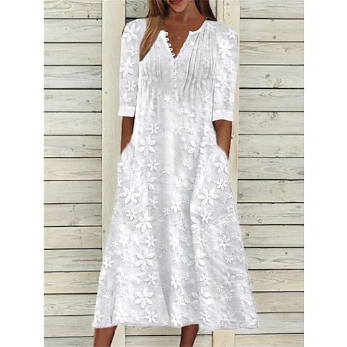 

Women's Cotton Linen Dress Sundress White Floral Midi Dress V-Neck Elegant Empire Waist Short Sleeve Ruched Pocket Summer Spring 2024 White Blue Green