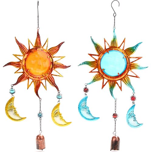 

1pc Sonne Mond Metall lackiertes Metall Windspiel Outdoor Handwerk Leuchten in der Nacht hängende Verzierung für Fenster Balkon Gartendekoration,48.5x23cm/19''x9''