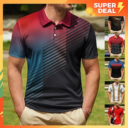 

Homens Camiseta Polo Camisa de golfe Gradiente Estampas Abstratas Geometria Aberto para a Lateral Preto e Vermelho Mar azul Preto Branco Amarelo Ao ar livre Rua Manga Curta Botão para baixo Imprimir