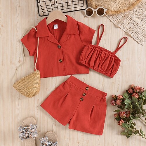 

3 pezzi Bambino (1-4 anni) Da ragazza Tinta unica Completo Impostato Manica corta Giornaliero Informale 3-7 anni Estate Giallo Rosso