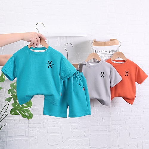 

2 Dele Baby Drenge T-shirt & Shorts Outfit Tegneserie Kortærmet Sæt Skole Yndig Daglig Sommer Forår 3-7 år Blå Orange Grå