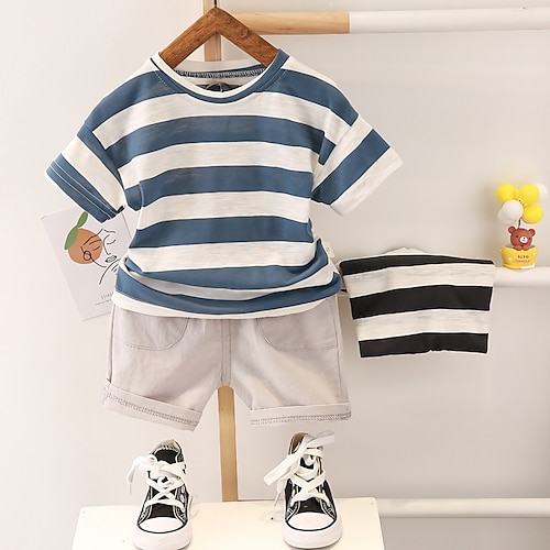 

2 deler Baby Gutt T-skjorter og shorts Antrekk Stripe Kortermet Sett Skole Bedårende Daglig Sommer Vår 3-7 år Svart Navyblå