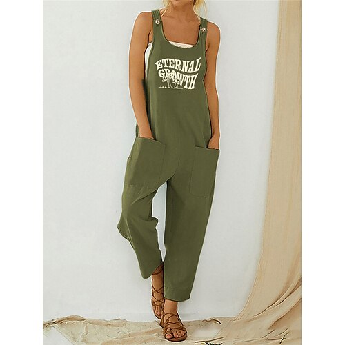 

Women's Overall Button Pocket Letter U Neck Streetwear Daily Vacation Regular Fit Sleeveless Army Green Blue S M L Summer