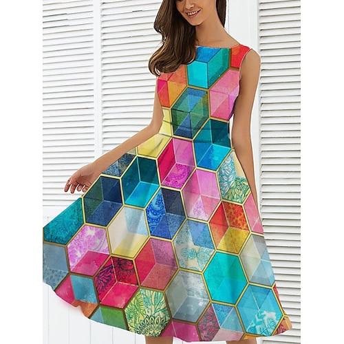 

Dame Årgang Elegant Vintage kjole Midikjole Daglig Stævnemøde Krøllede Folder Trykt mønster Geometrisk Rund hals Uden ærmer Tynd Sommer Forår 2023 Regnbue S M L XL